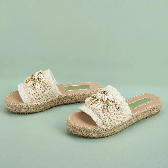 Beige Vacation Women's Rhinestone & Shell Decor Espadrille Sandals - Picture 2 of 4